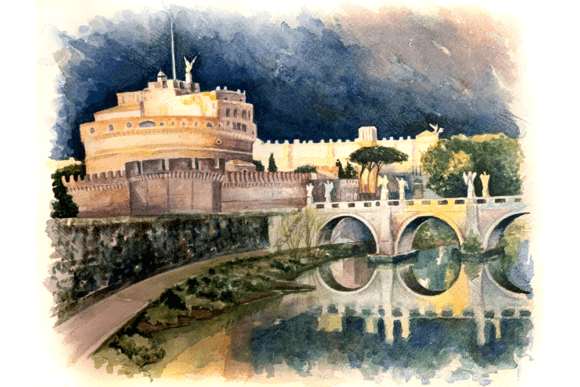 Download Watercolor Painting of Castel in Rome - Watercolor painting Collection